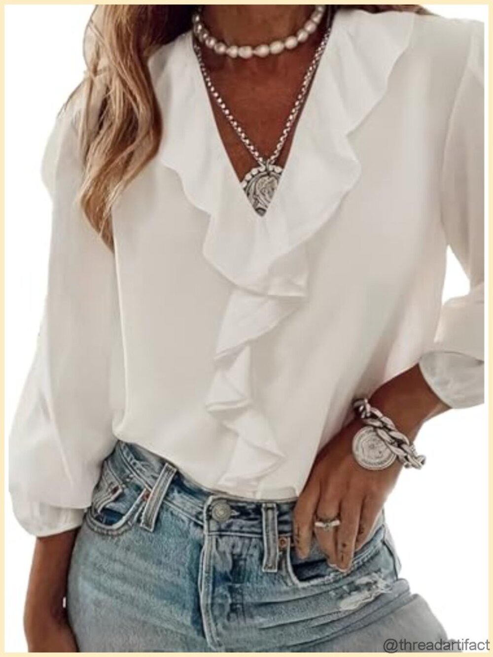 Womens Dressy Casual Blouse 3/4 Sleeve Ruffle Collar Work Top